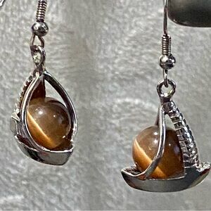 Silver-Tone Sailboat Dangle Earrings – Tiger Eye Nautical Coastal Style